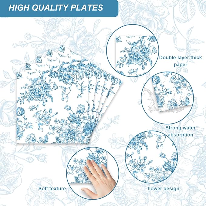 48PCS Blue and White Floral Party Decorations Dessert Plates Napkins Forks Serve 16 Guests