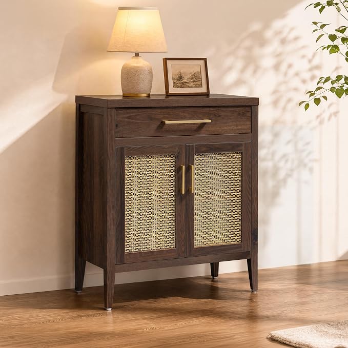 SICOTAS 30" Kitchen Sideboard Buffet Cabinet with Storage, Modern Coffee Bar Cabinet with Adjustable Shelves & Gold Mesh Doors, Storage Cabinet with Drawer for Living Room Entryway, Espresso Walnut