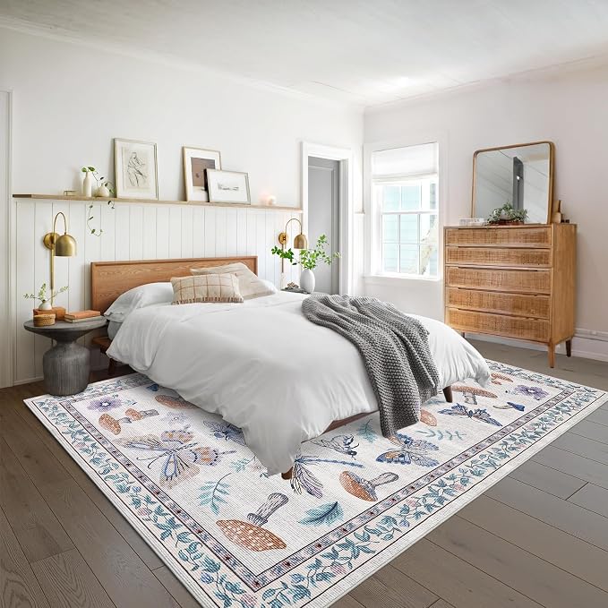 9x12 Washable Area Rugs Living Room Large Rug Boho Vintage Floral Carpet Soft Bedroom Indoor Floor Mats Non-Slip Farmhouse Rustic Style Carpet for Kids Nursery Dining Room Home Decor Office, Beige