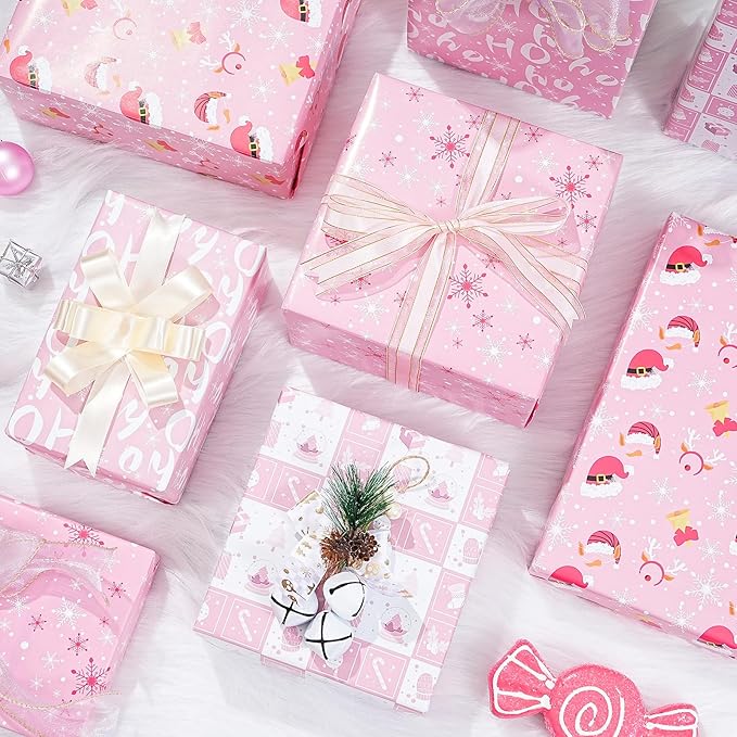 PlandRichW Pink Christmas Wrapping Paper 12 Sheets Folded for Girls Kids Adults, 20 x 29 inches Gift Wrap 4 Designs including HO Prints, Santa Claus, Snowflakes and Reindeer Holiday Collection