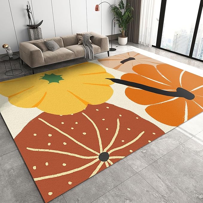 Cartoon Pumpkin Large Area Rug, Autumn Harvest Pumpkin Non Slip Print Rugs, Soft Machine Washable Carpet for Indoor Bedroom Living Room Office Decor Rug - 5 ft x 6 ft