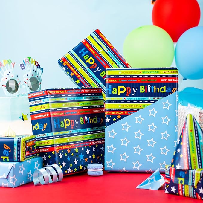 Burymento Reversible Birthday Wrapping Paper for Boys Girls Kids Adults Baby Shower Holiday - Colorful Happy Birthday Lettering and Stars Design - Blue Gift Wrapping Paper Roll, 17 Inch X 32.8 Feet