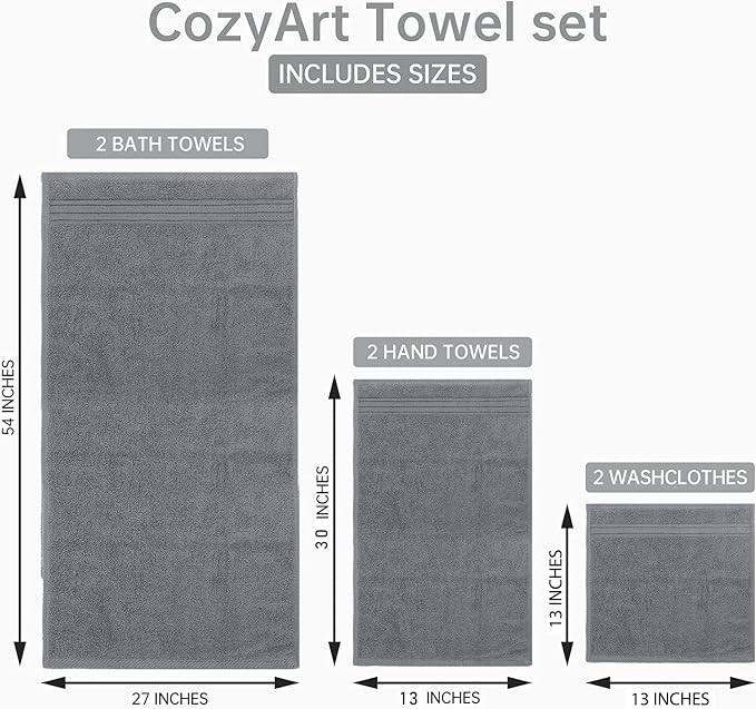 COZYART Grey Bath Towel Set 6pcs, Turkish Cotton Bathroom Towel Sets Soft Absorbent and Durable 650 GSM Luxury 6 Pcs with 2 Bath Towels, 2 Hand Towels, 2 Washcloth