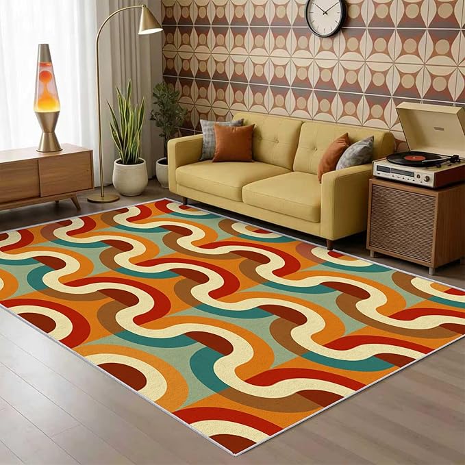 70s Retro Rug 4x6 Checkboard Striped Groovy Pop Pattern Area Rugs for Living Room, Bedroom, 70s Retro Home Decor Accessories Indoor Carpet, Non Slip & Machine Washable, GD0355