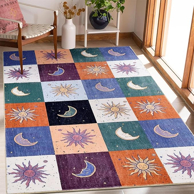 Boho Sun and Moon 3x5 Rug Washable Indoor Thin Doormat, Vintage Mystical Celestial Checkerboard Entryway Rugs Non Slip, Hippie Retro Aesthetic Cute Astrology Throw Rugs for Kitchen Bedroom