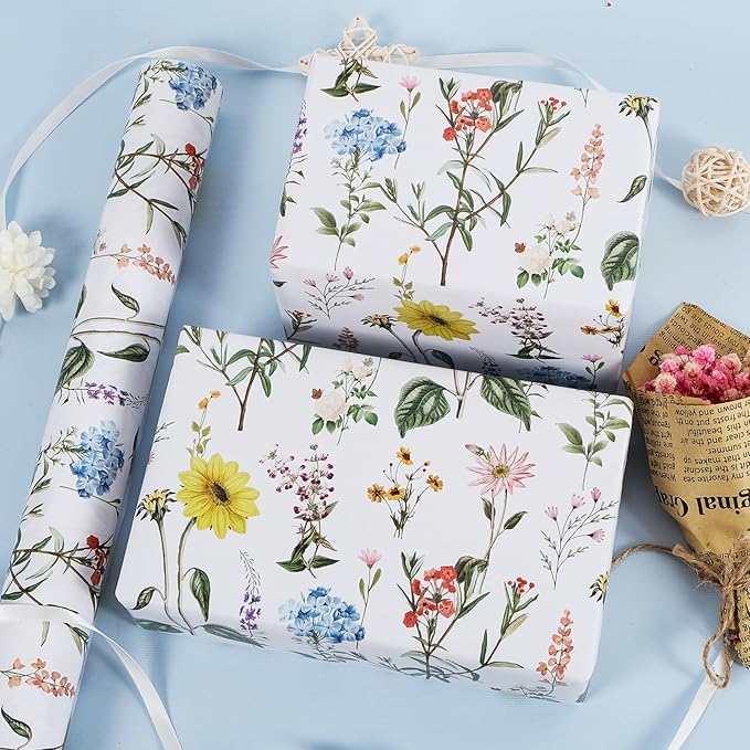 RayofSun Floral Wrapping Paper Roll 17 in x 32 ft Mini Roll Yellow Flower Wildflowers Plants Gift Wrap Paper for All Occasion Wedding Birthday Bridal Shower Party Baby Shower Christmas