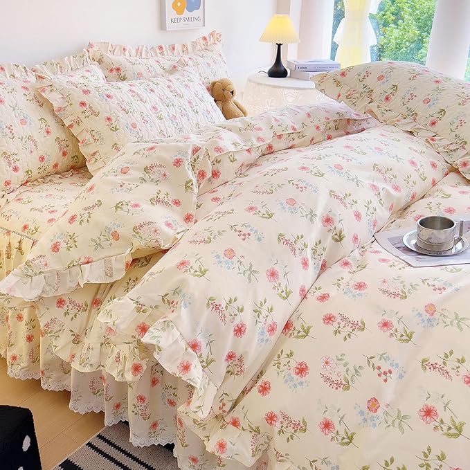 EAVD French Garden Style Pink Flower Duvet Cover with Ruffles Queen Soft Cotton Chic Shabby Pink Floral Bedding Set with 2 Pillowcases Romantic Botanical Print Duvet Cover with Zipper Closure