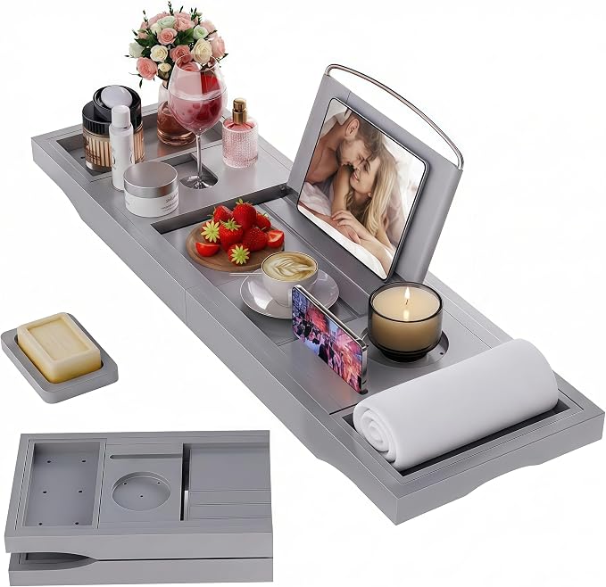 Foldable Bathtub Caddy Tray, Bamboo Bath Tub Tray Table for Tub with Wine Glass Holder Book Phone Tablet Holder with Extending Sides, Adjustable Bathroom Bathtub Free Soap Holder Gift Idea (Grey)