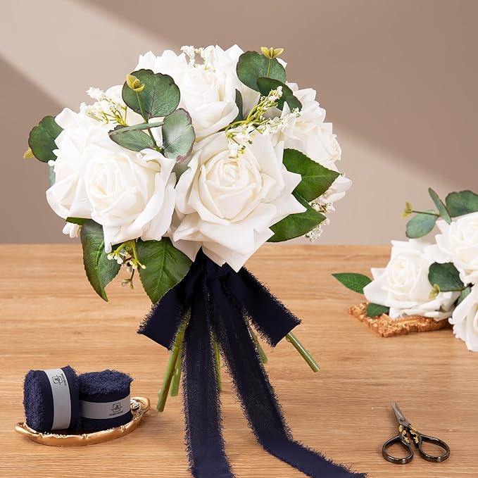 DORIS HOME Dark Navy Chiffon Ribbon for Flower Bouquet, 1" x21Yd Fabric Ribbon for Gift Wrapping, Handmade Frayed Ribbon for Wedding Invitations/Christmas Decorations