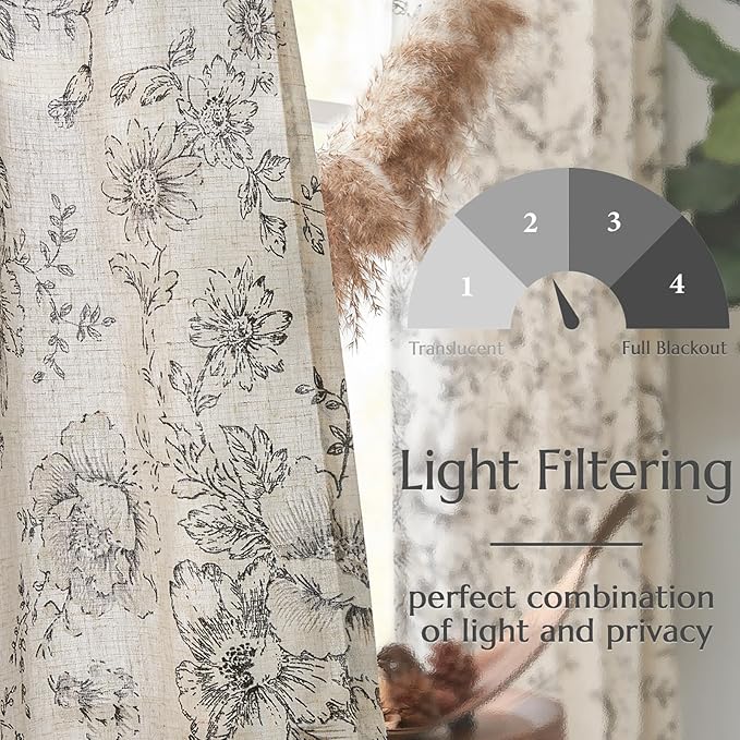 jinchan Lined Linen Blend Curtain Floral Curtains for Living Room 84 Inches Long Black Peony Flower Printed Curtain Back Tab Farmhouse Patterned Drapes Bedroom Window Curtains Set 2 Panels