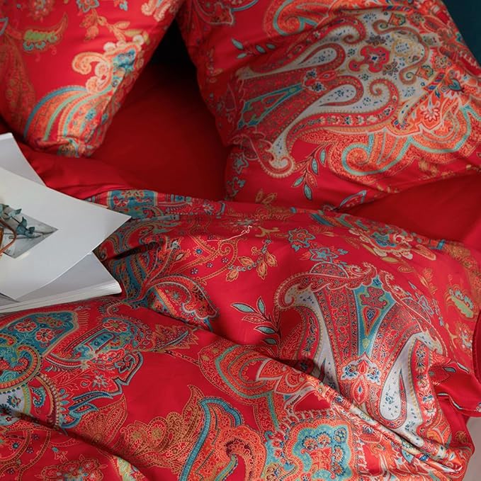 Floral Red Duvet Cover Queen Percale Long Staple Cotton Floral Comforter Cover Vintage Boho Paisley Duvet Cover Luxury Soft Jacquard Flower Bedding Set Farmhouse Floral Duvet Cover with 2 Pillowcases