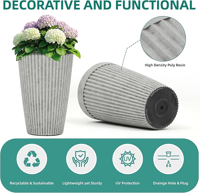 20" Tall Planters Set of 2, High-Density Resin Fluted Outdoor Pots for Plants, Versatile Indoor/Outdoor Flower Pots w/Drainage Holes for Patio, Garden, Porch & Living Room Decor, Ideal Gift
