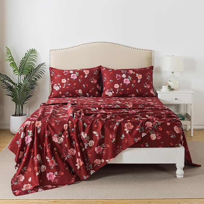 FADFAY Red Rose Sheets Set King Vintage Rose Floral Bedding Chic Rose Flower Bed Sheets Shabby Farmhouse Bedding 100% Percale Egyptian Cotton 800 Thread Count Deep Pocket Fitted Sheet 4Pcs, King Size