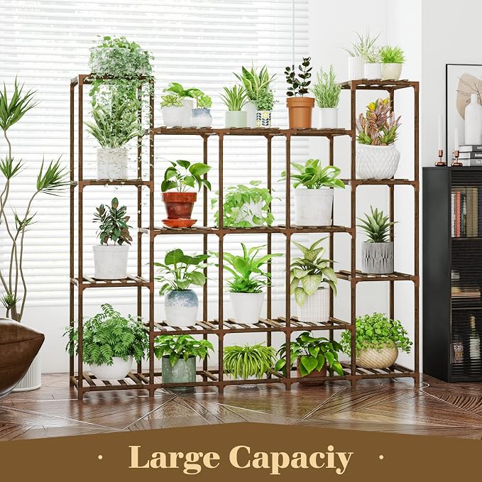 Bamworld Large Plant Shelf Indoor Plant Shelf Outdoor Tall Wood Plant Holder for Living Room Multiple Plants Patio Balcony Garden 17 Pots