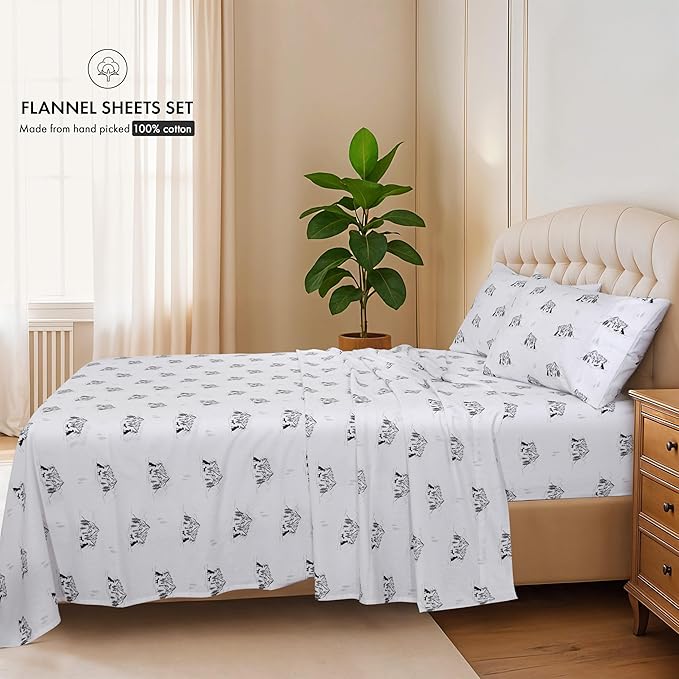 RUVANTI Flannel Sheets Full Size - 100% Cotton Double Brushed Bed Sheets Set, Deep Pockets 16 Inches, All Seasons Breathable & Extra Soft Full Sheets, Warm & Cozy, 4 Piece, Soul Dog White
