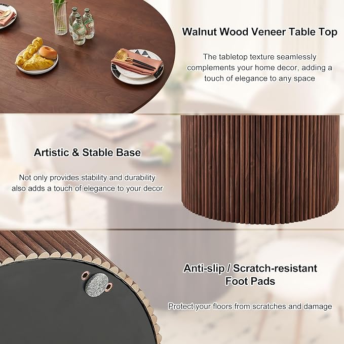 Dining Table Set for 4, 47" Wooden Round Kitchen Table with PU Leather Chairs for Kitchen Room and Small Spaces(Walnut Table + 4 Dakr Grey Chairs)