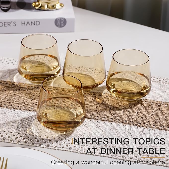 Amber Stemless Wine Glass Set of 6-14oz Wine Glasses, Stemless Drinking Glasses for Wine, Cocktails & Beverages - Elegant Glassware for Home, Bar & Holiday Use