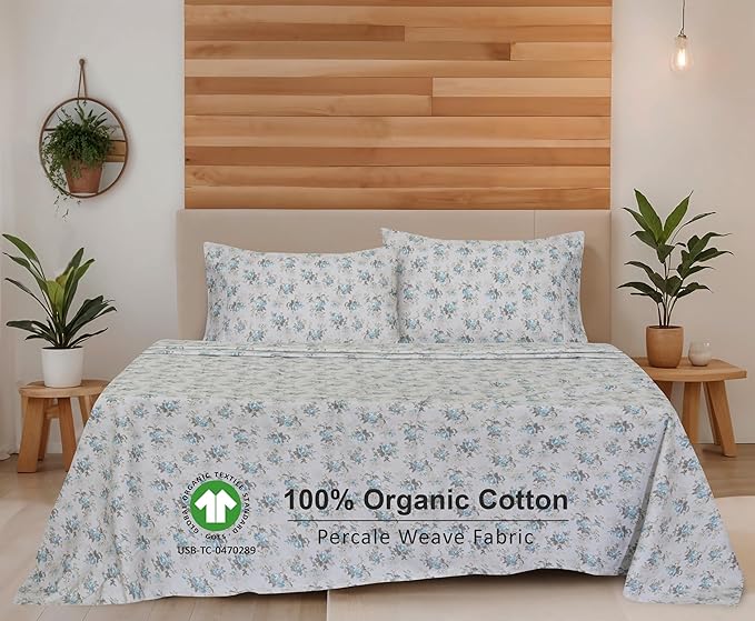RUVANTI 100% Organic Cotton Sheets Split King, Percale Weave, GOTS Certified, 5-Piece Set, Deep Pocket 15", Crisp & Breathable, Soft Durable Bedding, Sábanas Algodón Orgánico – Blue Rose