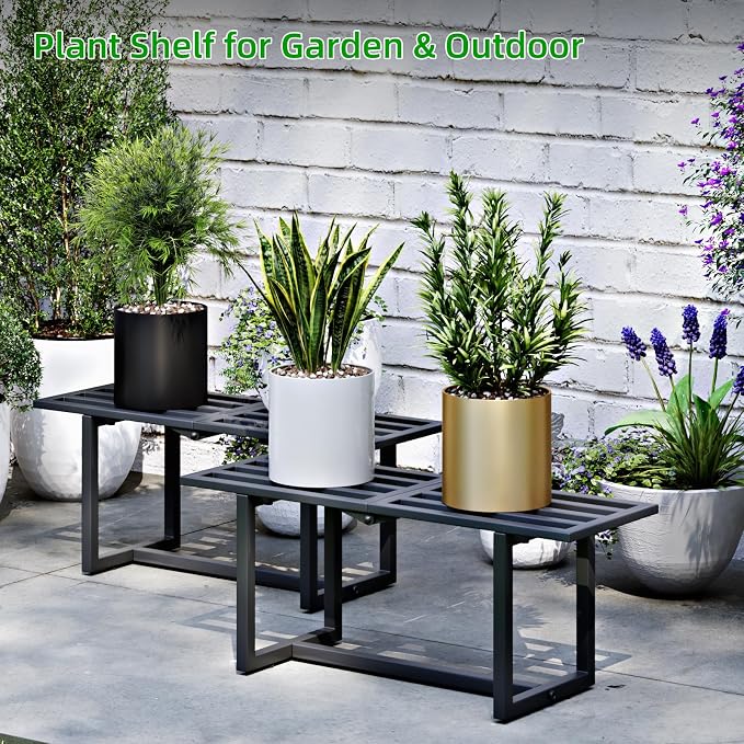 Plant Stand Indoor Outdoor, Foldable Metal Plant Shelf for Multiple Pots, Mid Century Slatted Bench for Patio Garden, Heavy Duty Capacity 330 lbs 2 Pack Grey