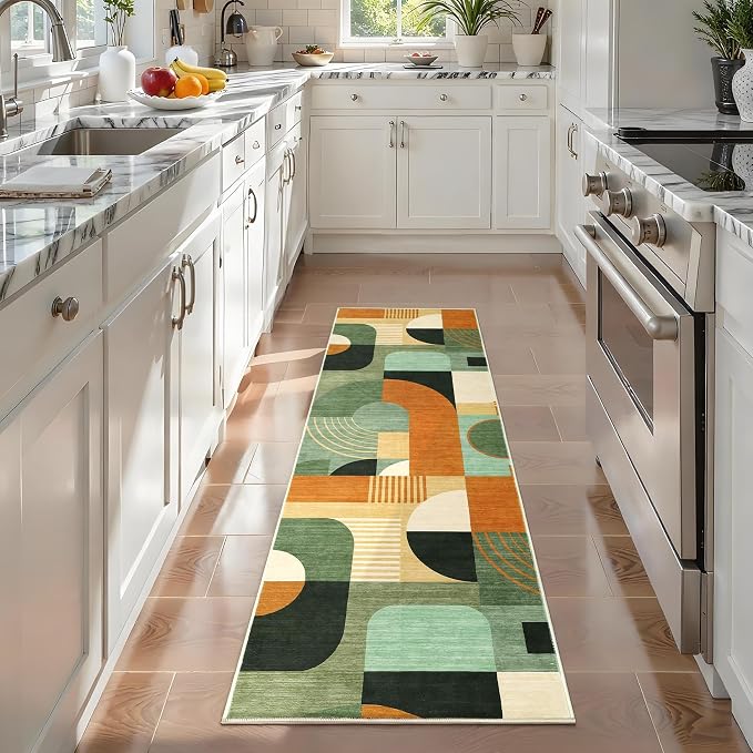 2x8 Runner Rugs, Boho Geometric Print Washable Hallway Runner Long Entryway Rug Soft Low Pile Non-Slip Kitchen Rug Runners for Bedroom Laundry, Green Multi, 2'x8'