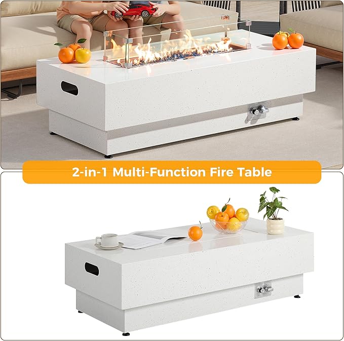IRONCK 50-Inch Outdoor Propane Fire Pit Table w Tank Table, CSA Certified, Rectangular Patio Fire Pit w Glass Rocks, Wind Guard and Cover, 58000 BTU 2 in 1 Outdoor Heater for Deck Garden, White