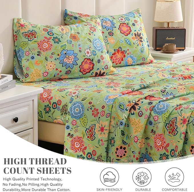 Bedlifes Full Sheet Set Ultra Soft, Breathable, Silky Flower Deep Pocket 100% Microfiber Bedding, 4 Piece Full Size with Floral Sage Green