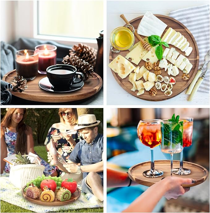 Acacia Round Wood Tray Decorative Serving Trays for Ottoman Coffee Table Candle Holder Tray Kitchen Counter Island Accents Home Decor Circle Circular Wood Centerpiece Trays for Dining Room Table