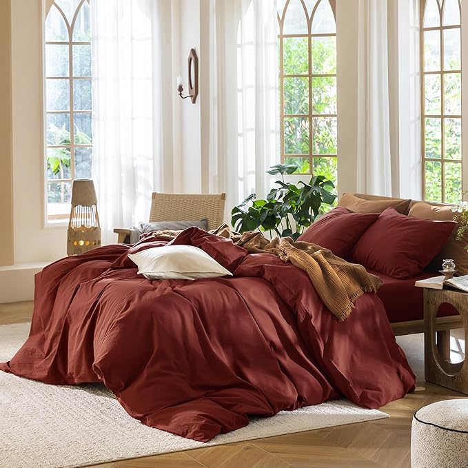 MooMee Bedding Duvet Cover Set 100% Washed Cotton Linen Like Textured Breathable Durable Soft Comfy (Solid Fired Brick Red, Oversized Queen 98"x98")