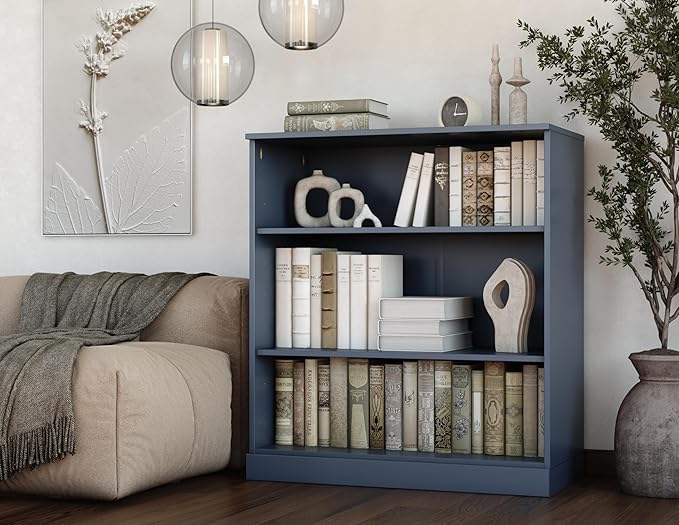 Palace Imports Solid Wood Bookcase - 3-Tier Bookshelf, 36" H x 32” W - Antique Blue, Modular Storage Display, Eco-Friendly Solid Wood, Made in Brazil