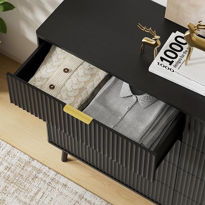 LYNSOM Fluted 8 Drawer Dresser for Bedroom, 55" Wide Modern Chest of Drawers with Curved Profile Design and Metal Handles, Wood Dresser TV Stand & Storage Organizer for Bedroom, Hallway, Black