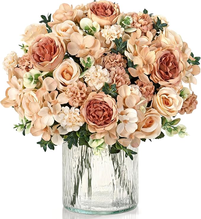 4 Bundles Champagne Peonies Artificial Flowers Silk Flower Centerpieces for Tables Fake Flower Arrangements Mixed Roses Hydrangea with Stems for Wedding Bridal Bouquets Home Table Decor