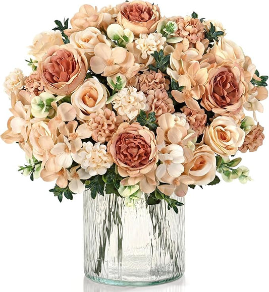 2 Bundles Champagne Peonies Artificial Flowers Silk Flower Centerpieces for Tables Fake Flower Arrangements Mixed Roses Hydrangea with Stems for Wedding Bridal Bouquets Home Table Decor
