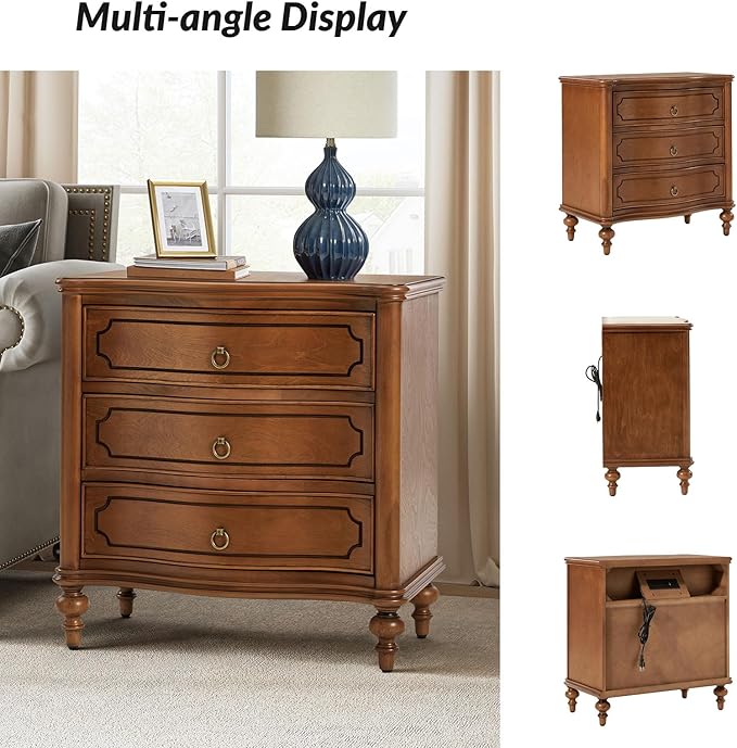 HULALA HOME Traditional Side Table with 3 Drawers, Tall Side Table with Curved Front Profle Desgin, Charging Station, Solid Wood Legs, Walnut