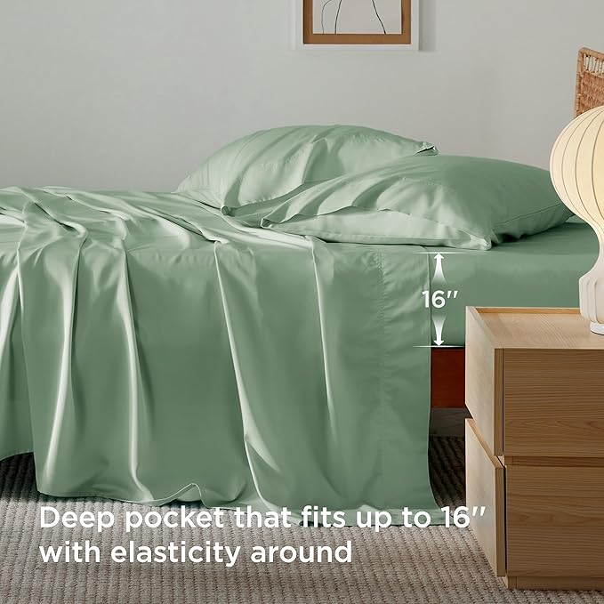 Bedsure King Size Sheets Set, Cooling Sheets for Hot Sleepers, Rayon Derived from Bamboo, Breathable & Soft, Deep Pocket Up to 16 Inches, Hotel Luxury Silky Bedding, Sage Green
