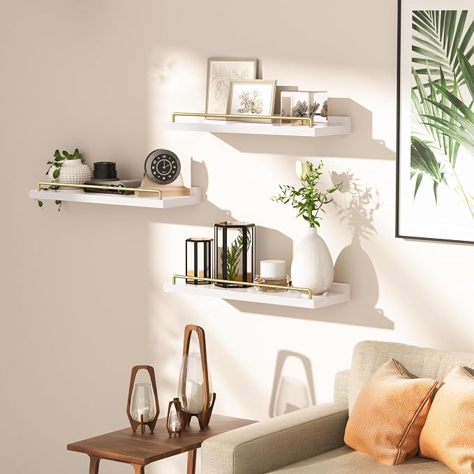 RYOFOBETTO Floating Shelves for Wall Decor, White and Gold Shelves for Bathroom, Living Room, Bedroom, Picture Frames, Plants, Kitchen (Set of 3)