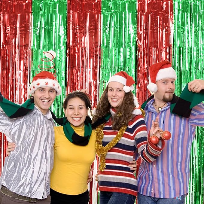 TONIFUL 3Pcs Red Green Door Streamers,Red GreenPhoto Booth Backdrop Metallic Streamers Foil Fringe Curtains for Birthday,Christmas,New Year,Bachelorette,Grad Party Streamers Decor(9.9ft x 6.6ft)