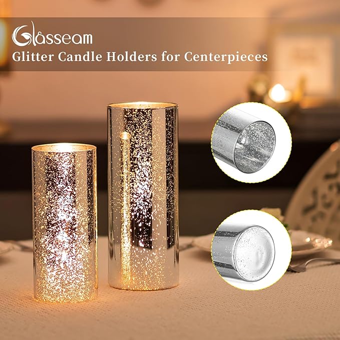 Glasseam Glass Cylinder Silver Vase: Set of 6 Decorative Flower Vases for Centerpieces Modern Vase for Flowers Wedding Decor Mercury Candle Holders for Pillar Candles Dining Table Decorations