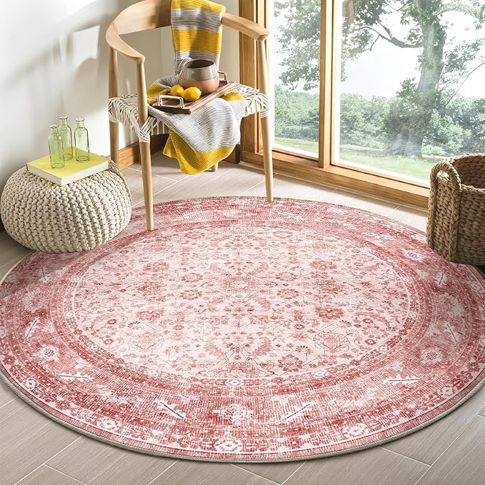 OPPODREAM Vintage Pink Round Rug 5ft, 5 ft Retro Washable Circle Rug Non Slip, Low-Pile Faux Wool Circular Carpet, Distressed Floor Mat for Living Room, Bedroom, Office, Dorm, Dinning Room