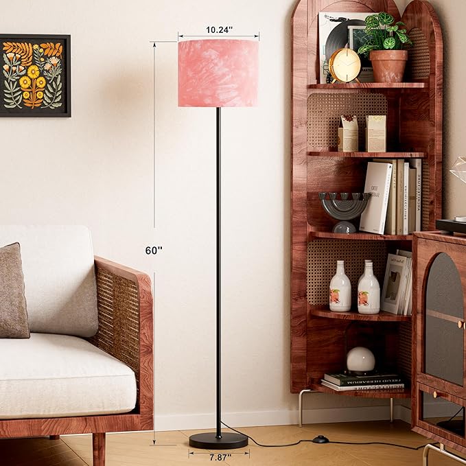 Ambimall 60'' Modern Floor Lamp with Shade, Tall Lamps for Living Room, Bedroom, Office, Dining Room, Hand-Dyed Pink Lampshade(Without Bulb)