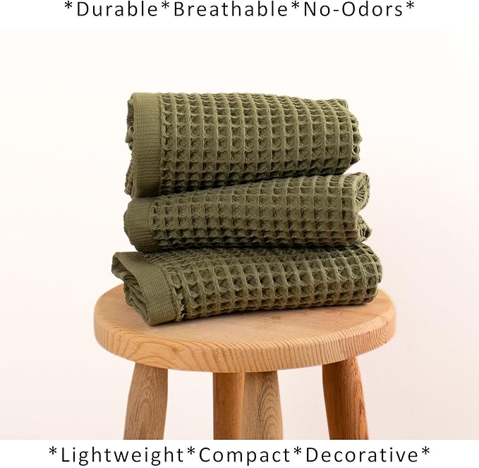 PÜSKÜL Natural 100% Turkish Cotton Waffle Kitchen Towels Set of 3 | Oeko-Tex, Premium Waffle Hand Towels for Bathroom | Soft Absorbent Quick-Dry Lint-Free Dish Towel Large 32x16 inch (3, Khaki Green)