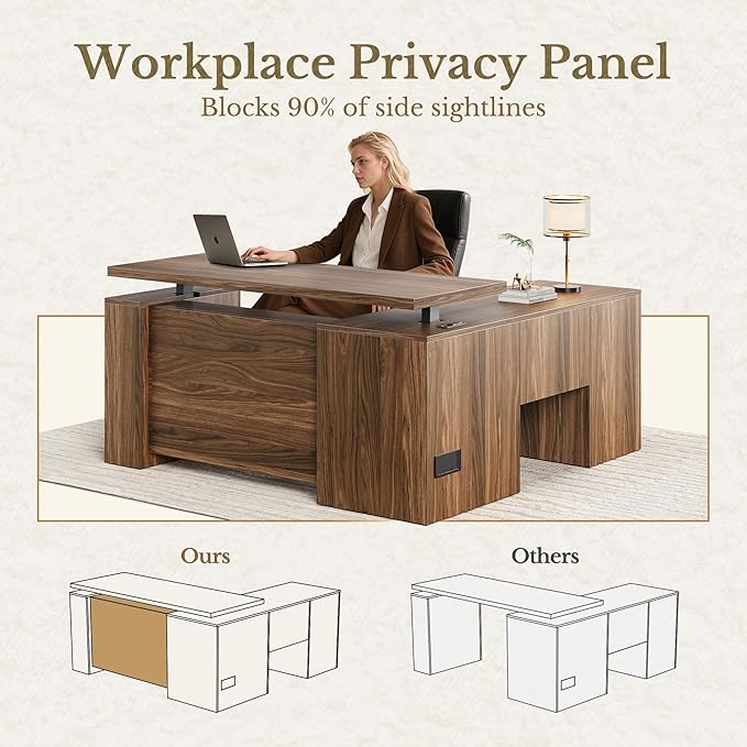 63 Inches L Shaped Standing Desk, Executive Standing Desk with Drawers and File Cabinet, AC/USB, 1.18" Desktop, Multi-sized Storage Cubby, Privacy Panel, Fluted Computer Desk, Black Walnut