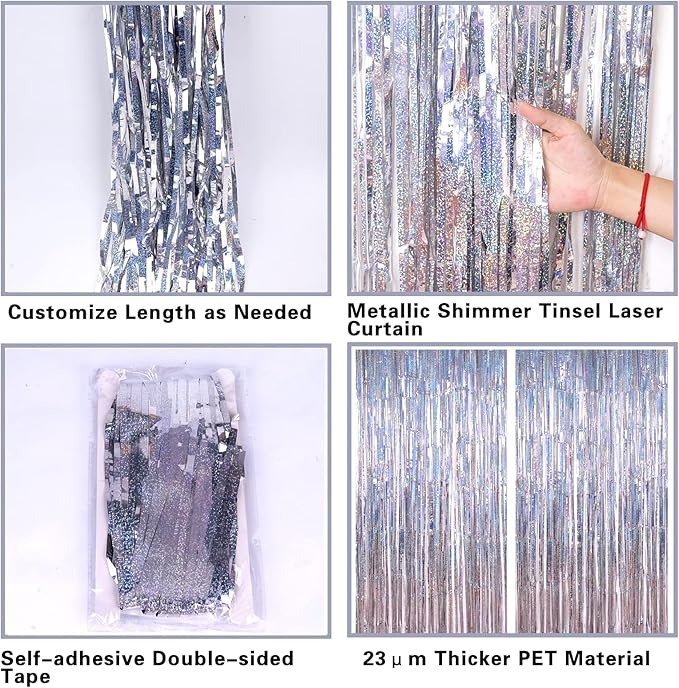 2 Pack 3.2ft x 8.2ft Silver Metallic Tinsel Foil Fringe Curtains, Door Streamer Photo Booth Backdrop for Birthday Graduation Engagement Bridal Shower Bachelorette Baby Shower Party Decorations