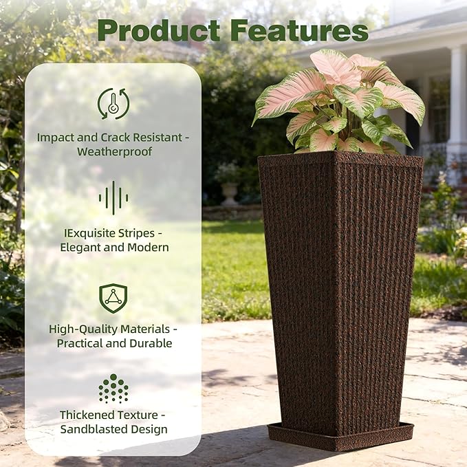 Square Tall Planters for Outdoor Plants Set of 2-23.6" Heavy-Duty Classic Tapered Indoor Flower Pots with Drainage Holes/Partition/Tray, Large Outdoor Planters for Porch Patio Garden, Brown