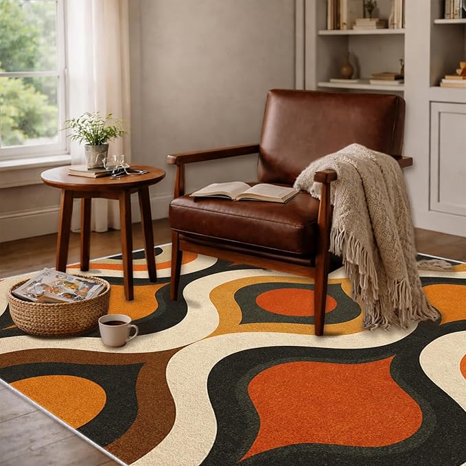 Retro Wave Area Rug 6x8, Mid-Century Modern Geometric Rug, Orange Brown Abstract Carpet for Living Room Bedroom, Soft Non-Slip Washable Rug