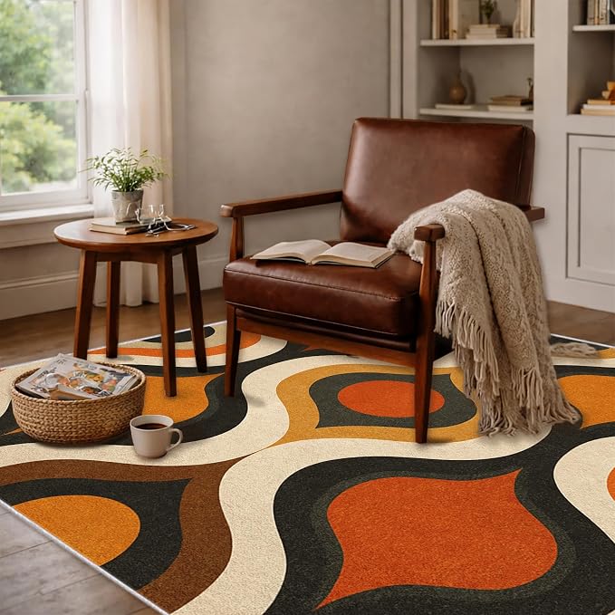 Retro Wave Area Rug 6x9, Mid-Century Modern Geometric Rug, Orange Brown Abstract Carpet for Living Room Bedroom, Soft Non-Slip Washable Rug