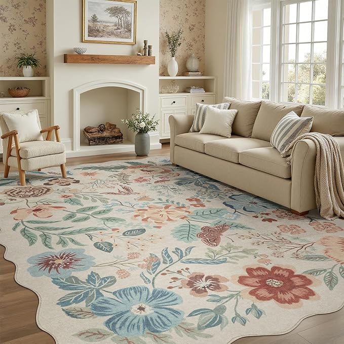 DCX Beige Floral Rug 4x6, Washable Beige Rug for Living Room, Kid & Pet Friendly with Rubber Back Non Slip, Soft Low Pile Carpet, Stain Resistant Rug for Bedroom, Nursery, Dining Room