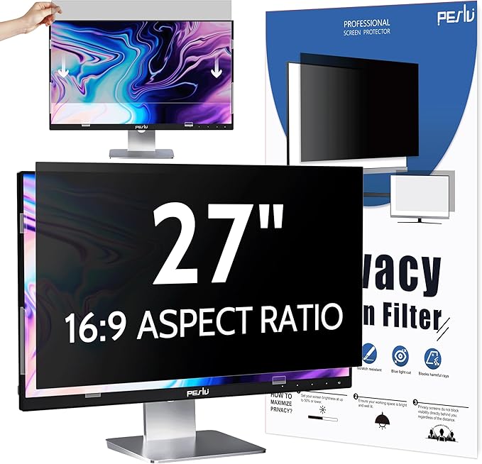 Peslv Computer Privacy Screen 27 Inch for 16:9 Widescreen Monitor, Removable 27inch Anti Blue Light Anti Glare Monitor Privacy Filter Shield (23 9/16" x 13 1/4")