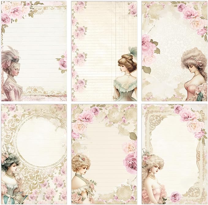 Supervitae 120 Pack Victorian Floral Stationery Paper, 8.27 x 5.51 Inch Double Sided Printing with Rose Border, Vintage Classical Stationery Letter Sheets for Writing Printing Crafts, 6 Designs