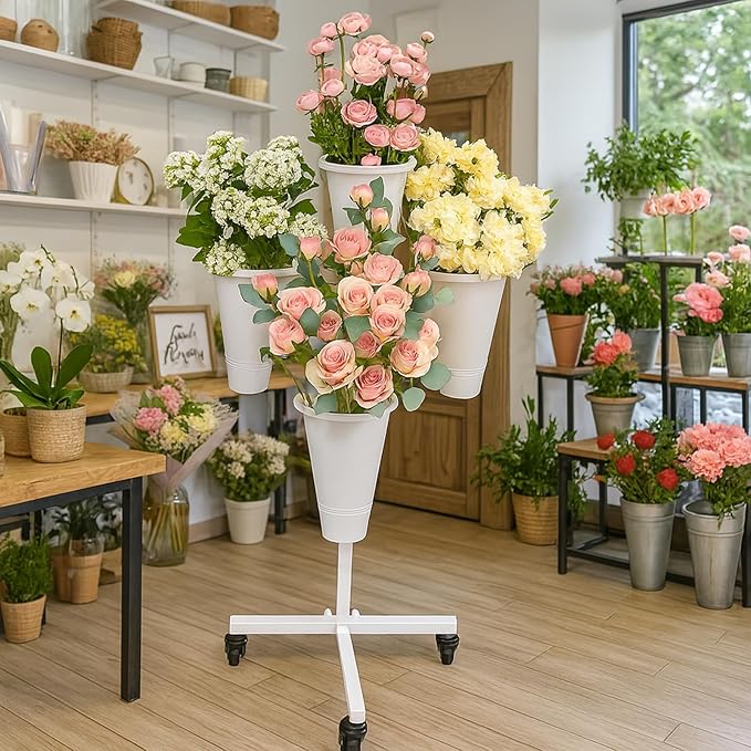 Flower Display Stand with Buckets - Flower Cart with Wheels for Bouquet Shop, Metal Flower Rack Display Stand for Wedding Garden, Party, Events (White, Round buckets)