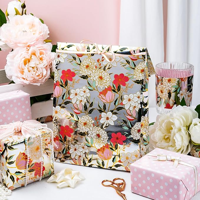Yarcony Reversible Floral Wrapping Paper Roll, Bridal Shower Wrapping Paper, Colorful Flower Gift Wrap with Metallic Foil Shine for Birthday, Wedding, Mother's Day, Valentine's Day(17 Inch X 33 Feet)